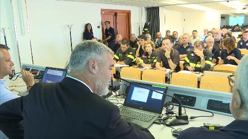 Paolo Panontin (Assessore regionale Autonomie locali e Coordinamento Riforme, Comparto unico, Sistemi informativi, Caccia e Risorse ittiche, delegato Protezione civile) alla presentazione dell'esercitazione di emergenza sismica "Sermex 2017" - Palmanova 31/07/2017